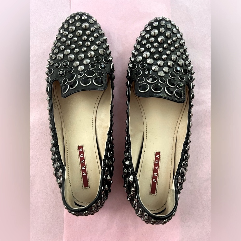 PRADA Studded Crystals Black Leather Slip On Smoking Loafers Flats Shoes Sz 38